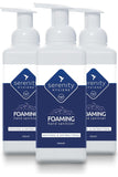 Unscented hand foam sanitiser bottles with antiviral and antibacterial features.