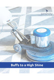 Floor buffer on tiled floor, promoting antibacterial floor cleaner concentrate for high shine.