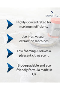 Highly concentrated carpet and upholstery cleaner for vacuum extraction machines, low foaming, biodegradable, with a citrus scent, eco-friendly UK formula.