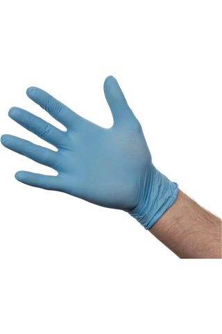 Blue disposable nitrile glove powder free being worn on a hand.