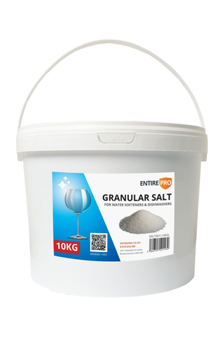 Granular Water Softener Salt 10kg Tub with sealing lid and handle.