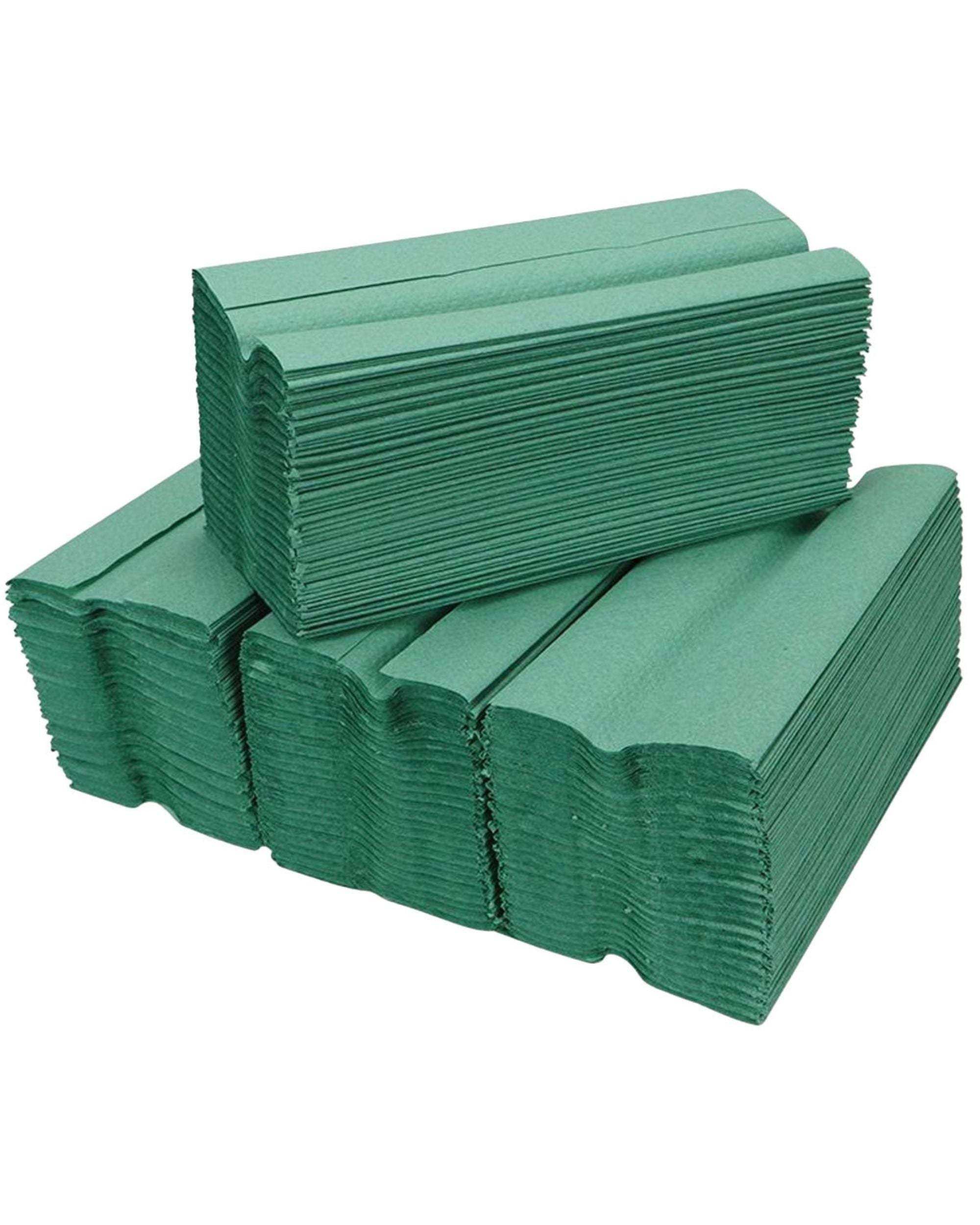 Bulk pack of green C fold paper hand towels made from 100% recycled paper for commercial use