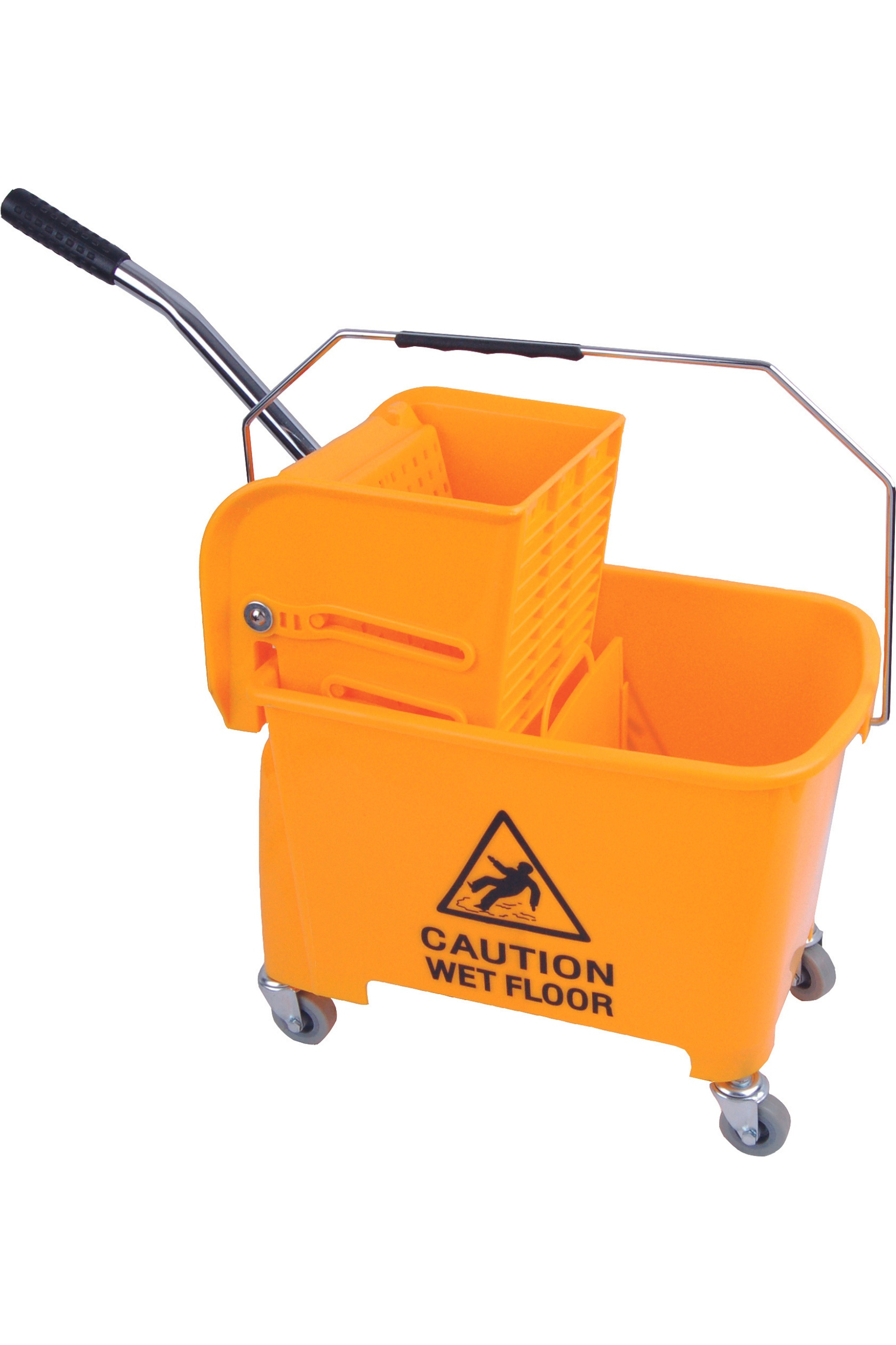 Colour coded heavy duty bucket with wringer and caution sign, 20 litre capacity.