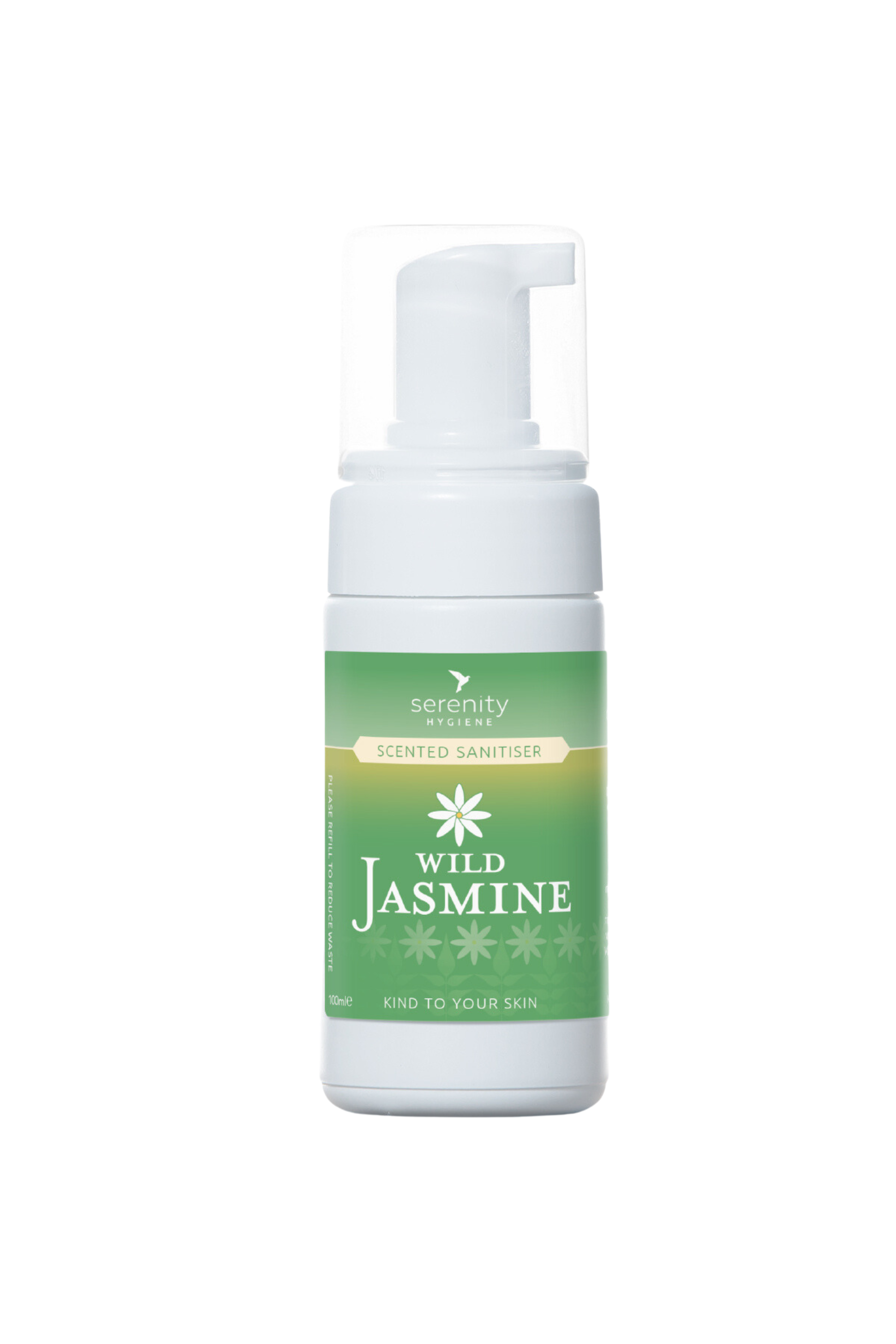 Wild Jasmine Hand Foam Sanitiser bottle with green label.