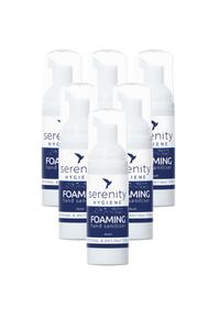 Unscented hand foam sanitiser bottle labeled Serenity with hypoallergenic, alcohol-free formula for effective germ protection