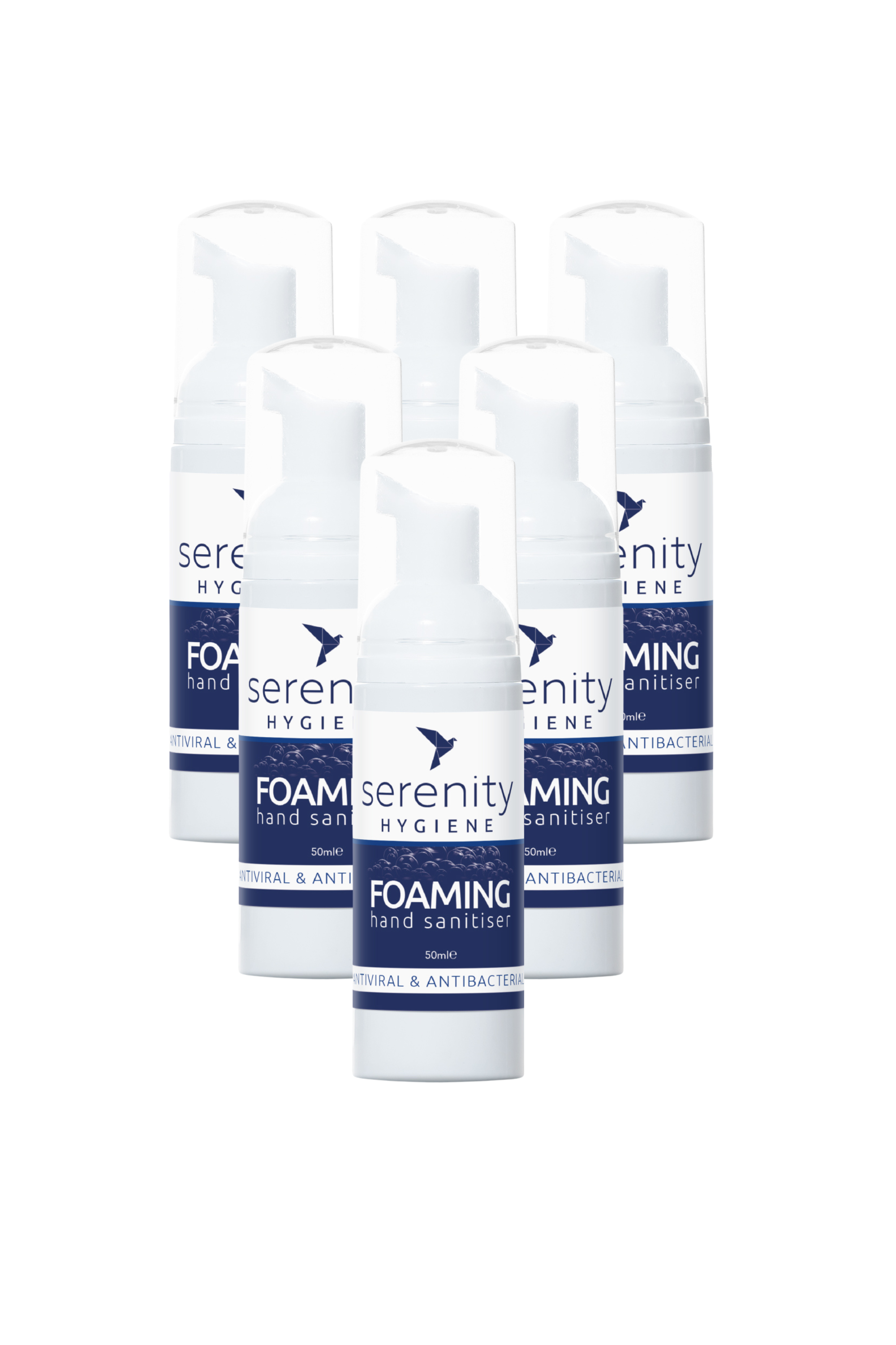 Unscented hand foam sanitiser bottle labeled Serenity with hypoallergenic, alcohol-free formula for effective germ protection