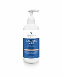 Serenity hydrating cleansing milk bottle with shea butter and vitamin E for dry sensitive skin