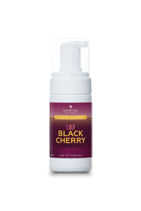 Black Cherry Hand Foam Sanitiser bottle with foam pump and cherry imagery showcasing hypoallergenic, alcohol-free sanitiser with black cherry fragrance