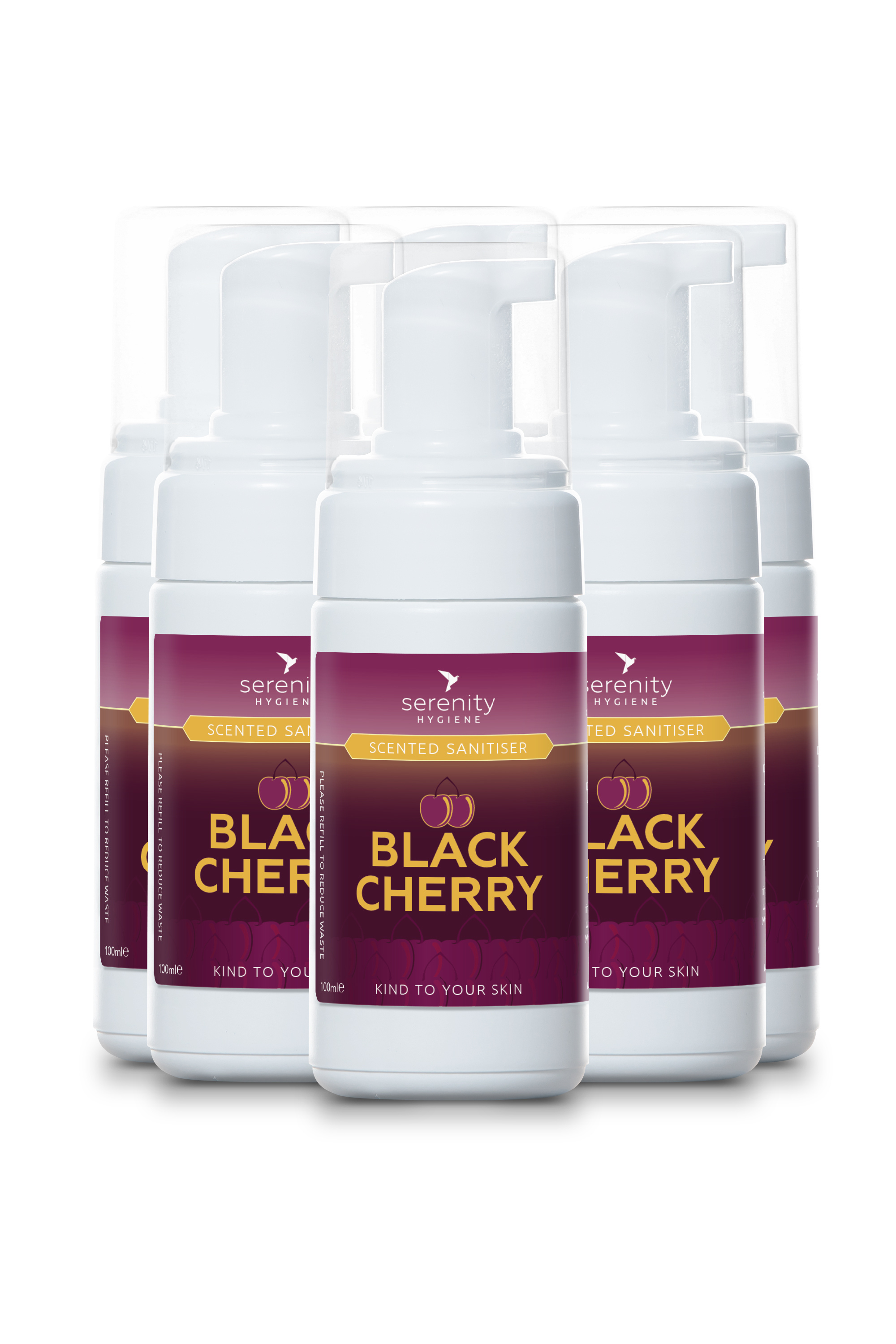 Black Cherry Hand Foam Sanitiser bottle with foaming hand sanitiser and cherry fragrance label