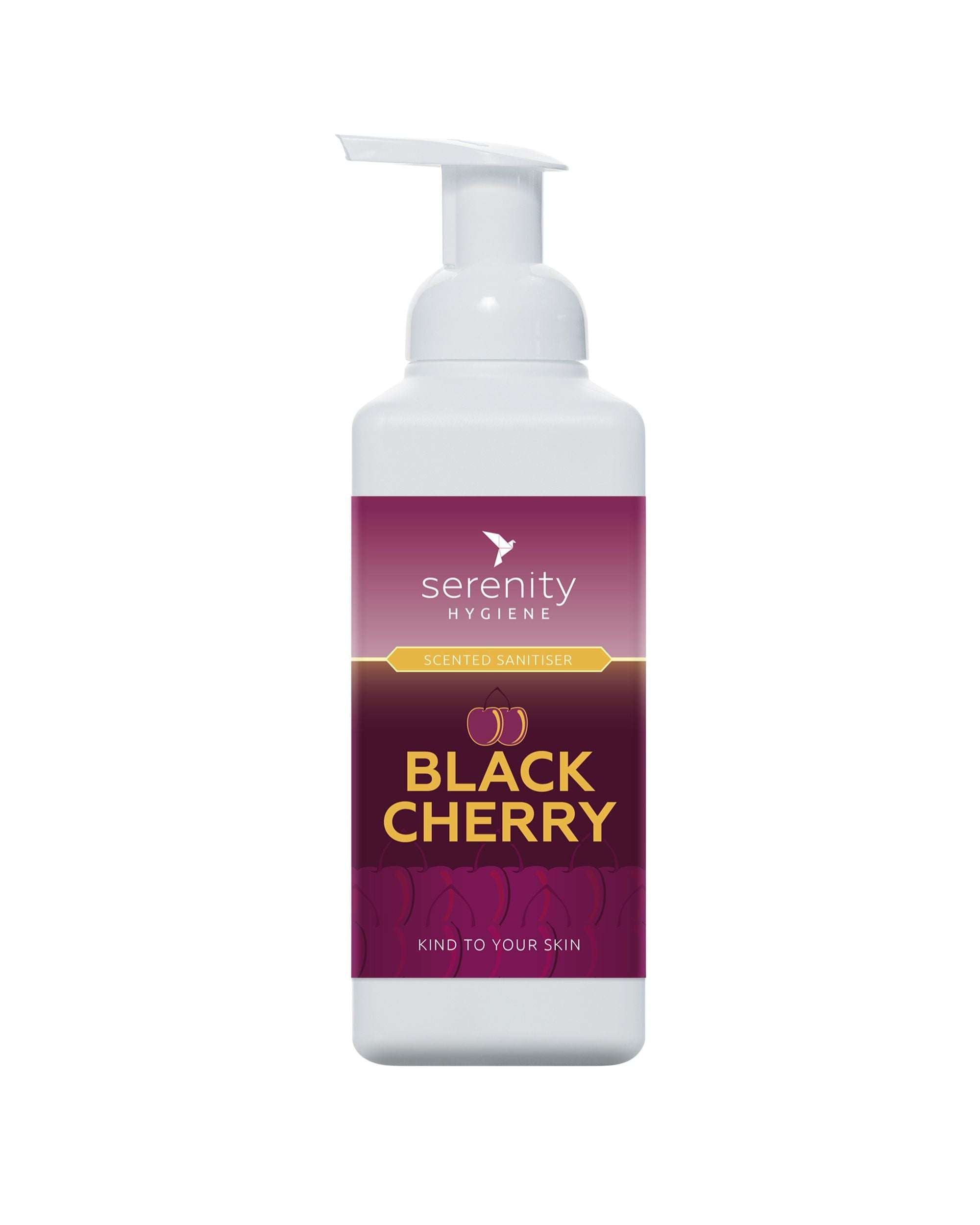 Bottle of alcohol-free Black Cherry Hand Foam Sanitiser with rich foaming texture and black cherry scent