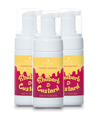 Rhubarb and Custard Hand Foam Sanitiser with hypoallergenic formula and vibrant packaging.