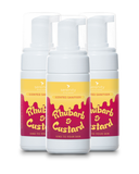 Rhubarb and Custard Hand Foam Sanitiser with hypoallergenic formula and vibrant packaging.