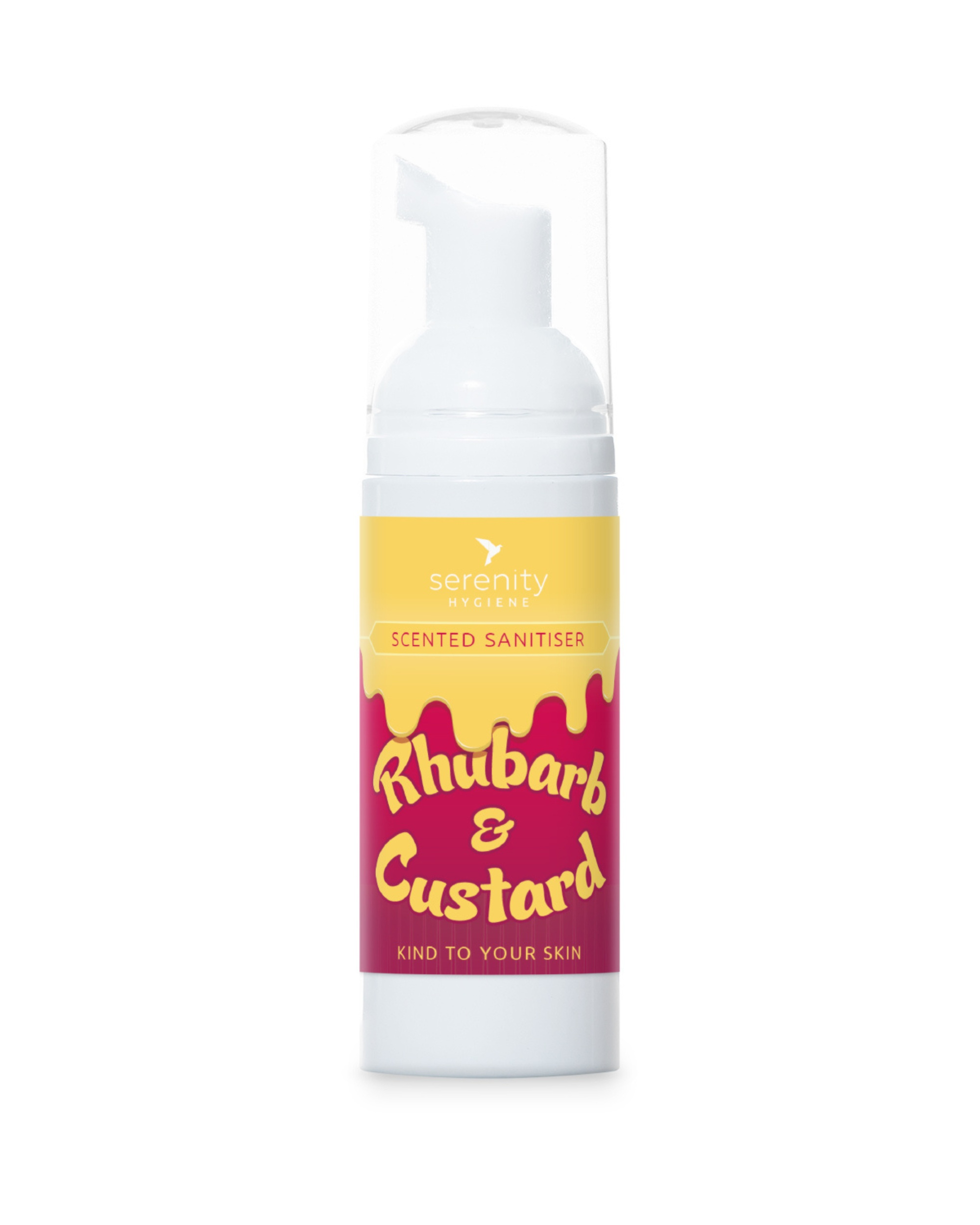 Rhubarb and Custard scented hand foam sanitiser bottle with yellow and pink label.