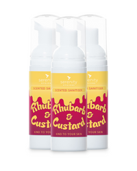 Rhubarb and Custard Hand Foam Sanitiser, alcohol-free, hypoallergenic with rhubarb fragrance.