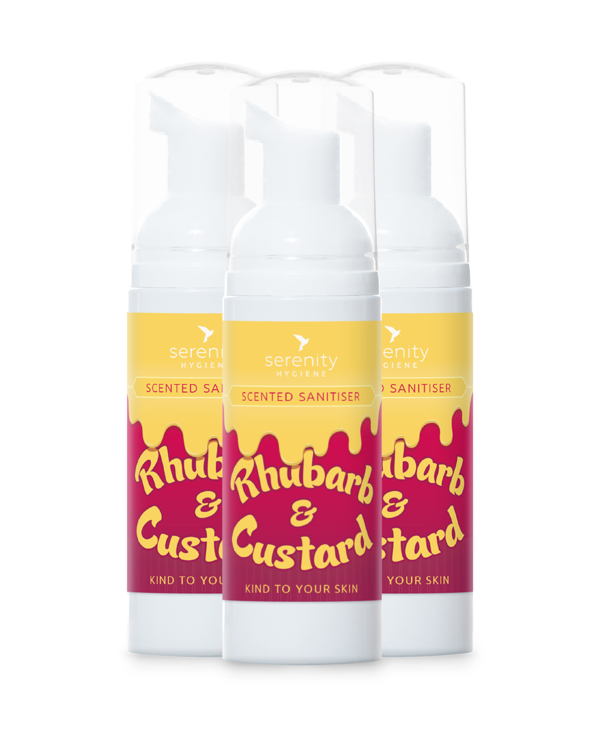 Rhubarb and Custard Hand Foam Sanitiser, alcohol-free, hypoallergenic with rhubarb fragrance.