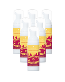 Rhubarb and Custard Hand Foam Sanitiser bottles with yellow and pink labels, alcohol-free and hypoallergenic, six-pack.