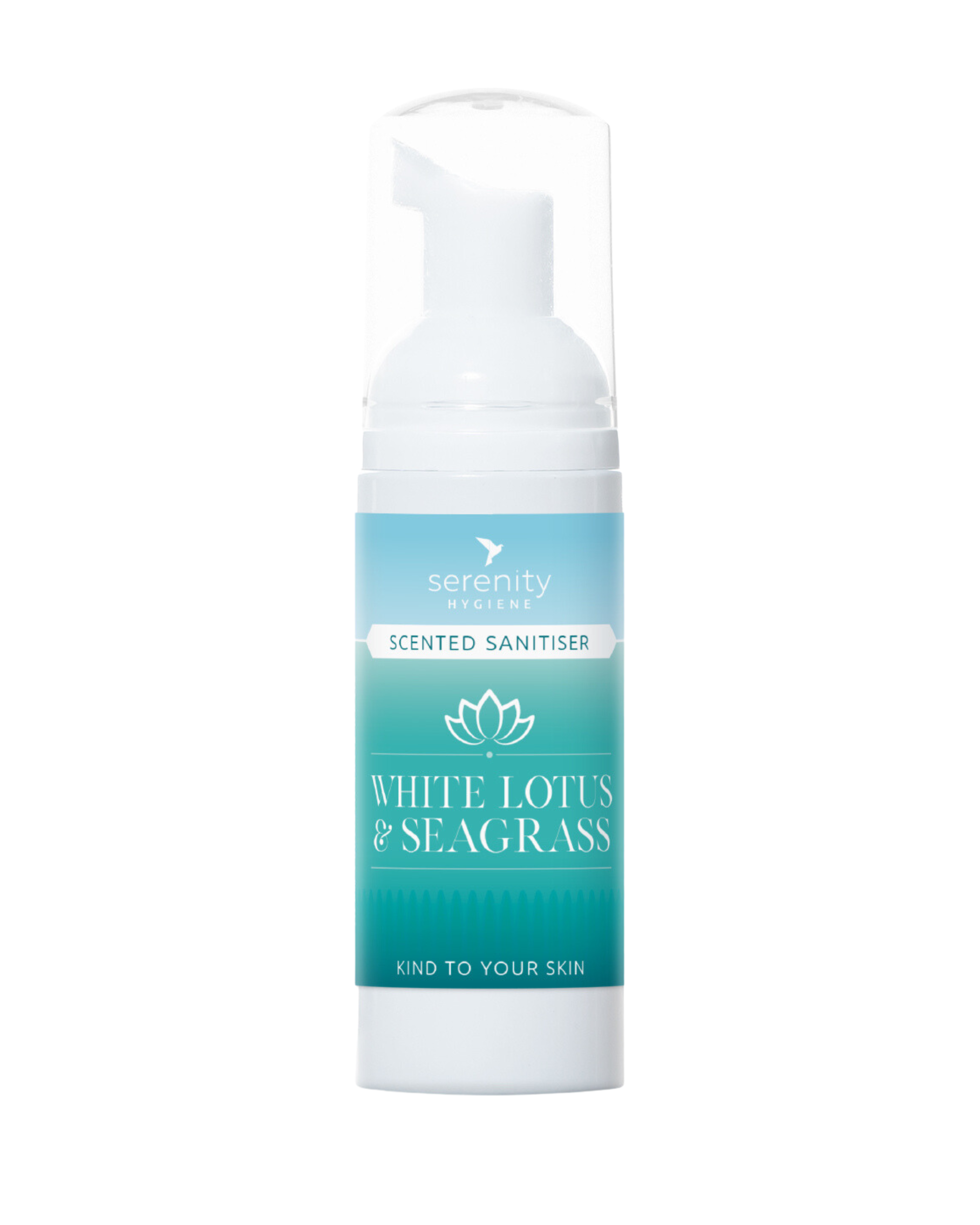 White Lotus and Seagrass Hand Foam Sanitiser bottle with fragrance label.
