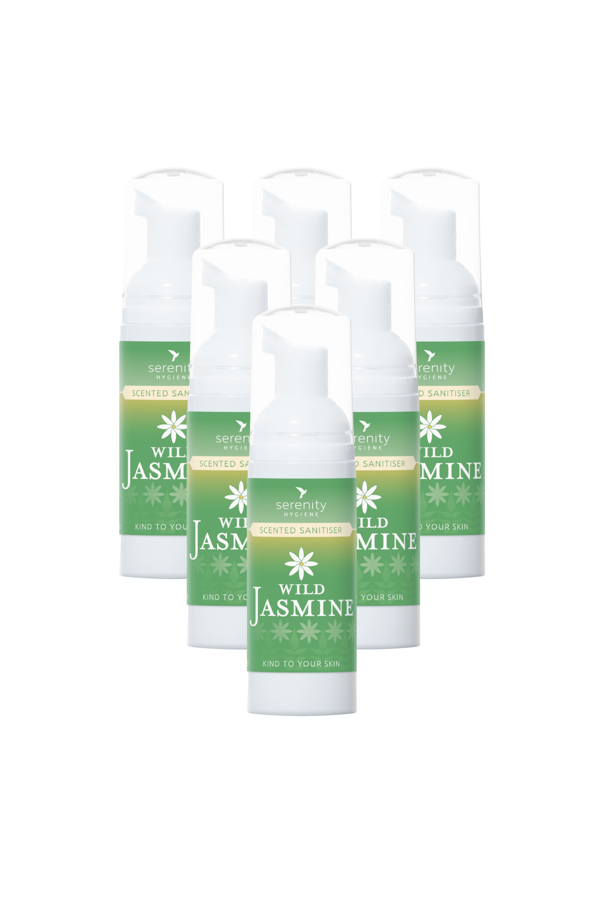 Wild Jasmine Hand Foam Sanitiser bottles with green labels, hypoallergenic and alcohol-free.