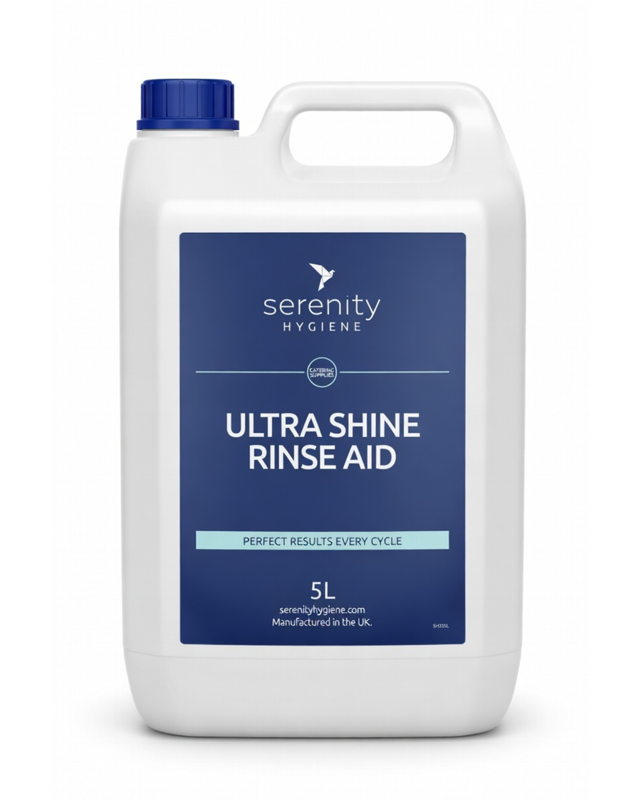 Glass & Dishwasher Rinse Aid bottle for professional dishwasher use with Ultra Shine formula