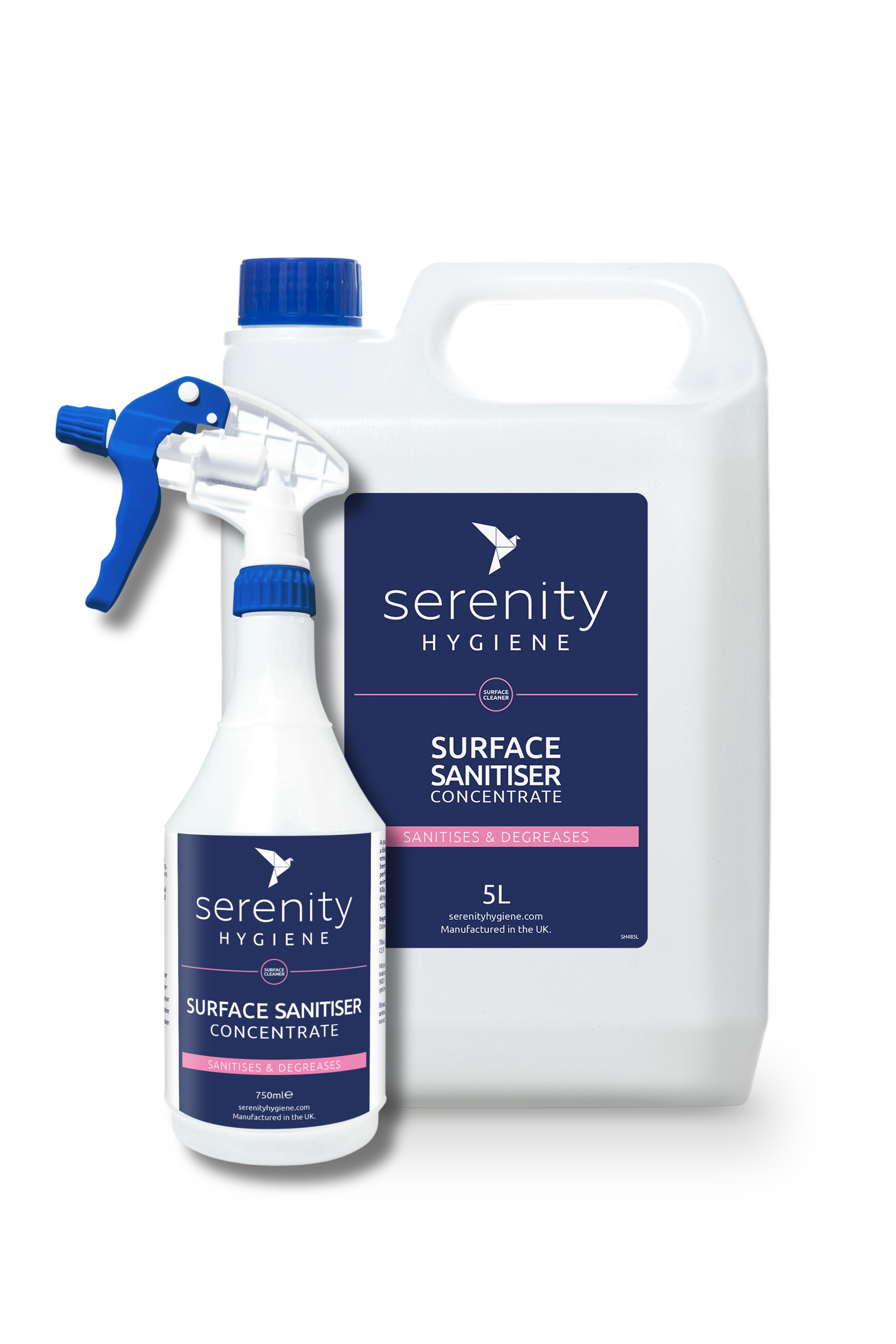 Antibacterial Surface Sanitiser Concentrate bottles, powerful detergent for grease removal and pathogen killing.