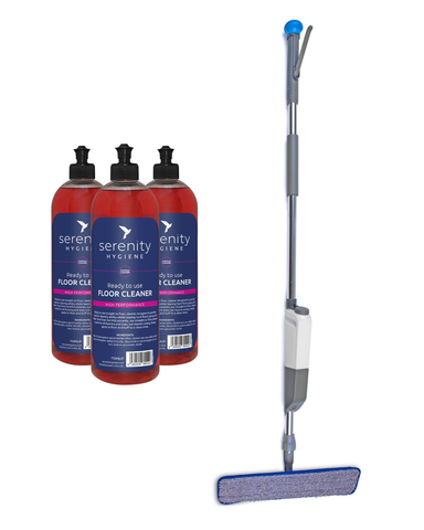 Serenity Hard Floor Misting Mop Kit with Nano-AG microfibre mop and antibacterial cleaner.