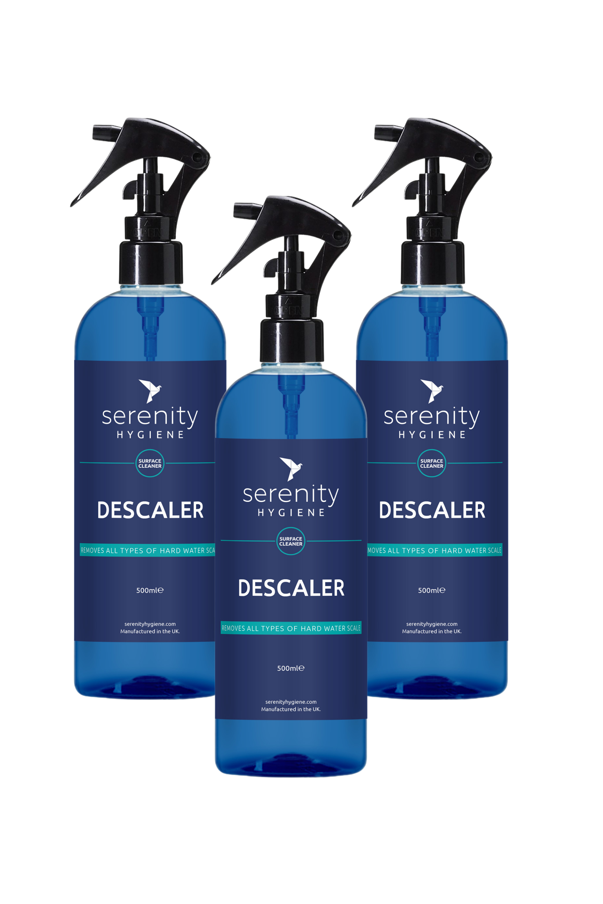 Environmentally friendly descaler bottles for removing limescale from appliances like kettles and coffee machines.