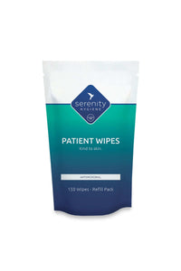 Serenity Hygiene antimicrobial patient wipes package, 150 count, UK-made, skin-safe.