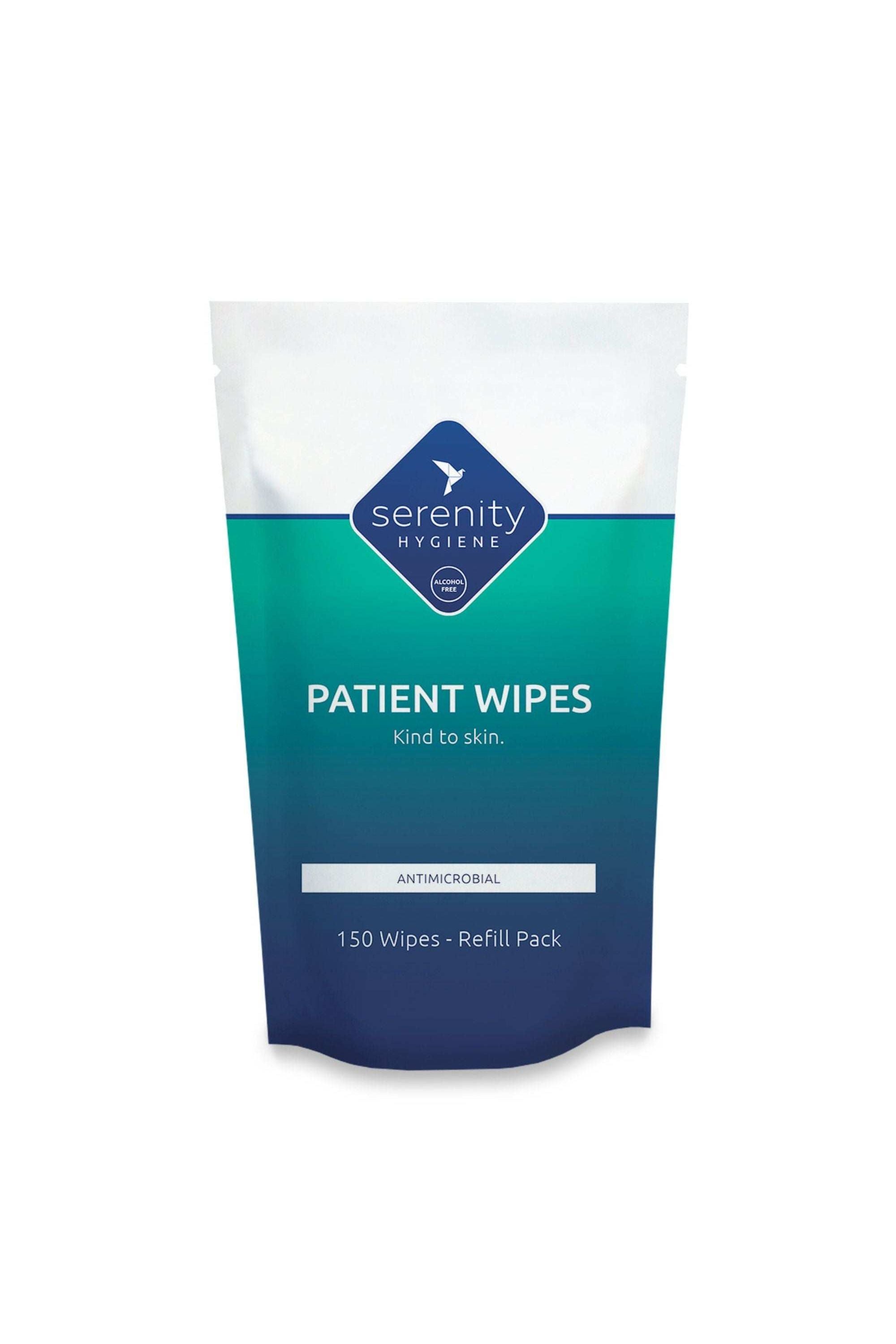 Serenity Hygiene antimicrobial patient wipes package, 150 count, UK-made, skin-safe.