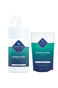 Serenity Hygiene Antimicrobial Patient Wipes packaging with refill pack.