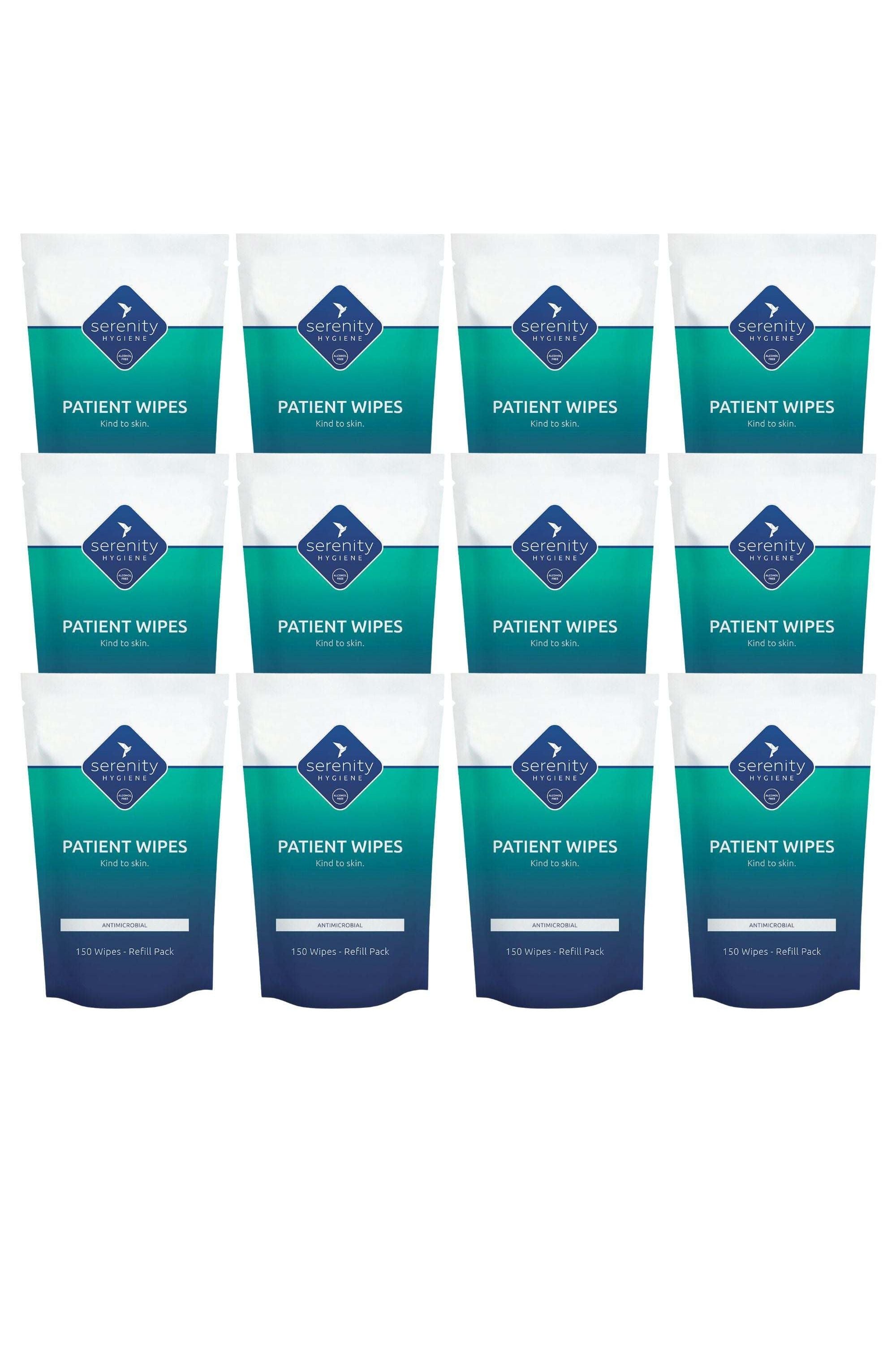 Antimicrobial Patient Wipes by Serenity Hygiene - 150 strong, UK-manufactured wipes for skin cleansing and sanitation, suitable for hospitals and food handling.