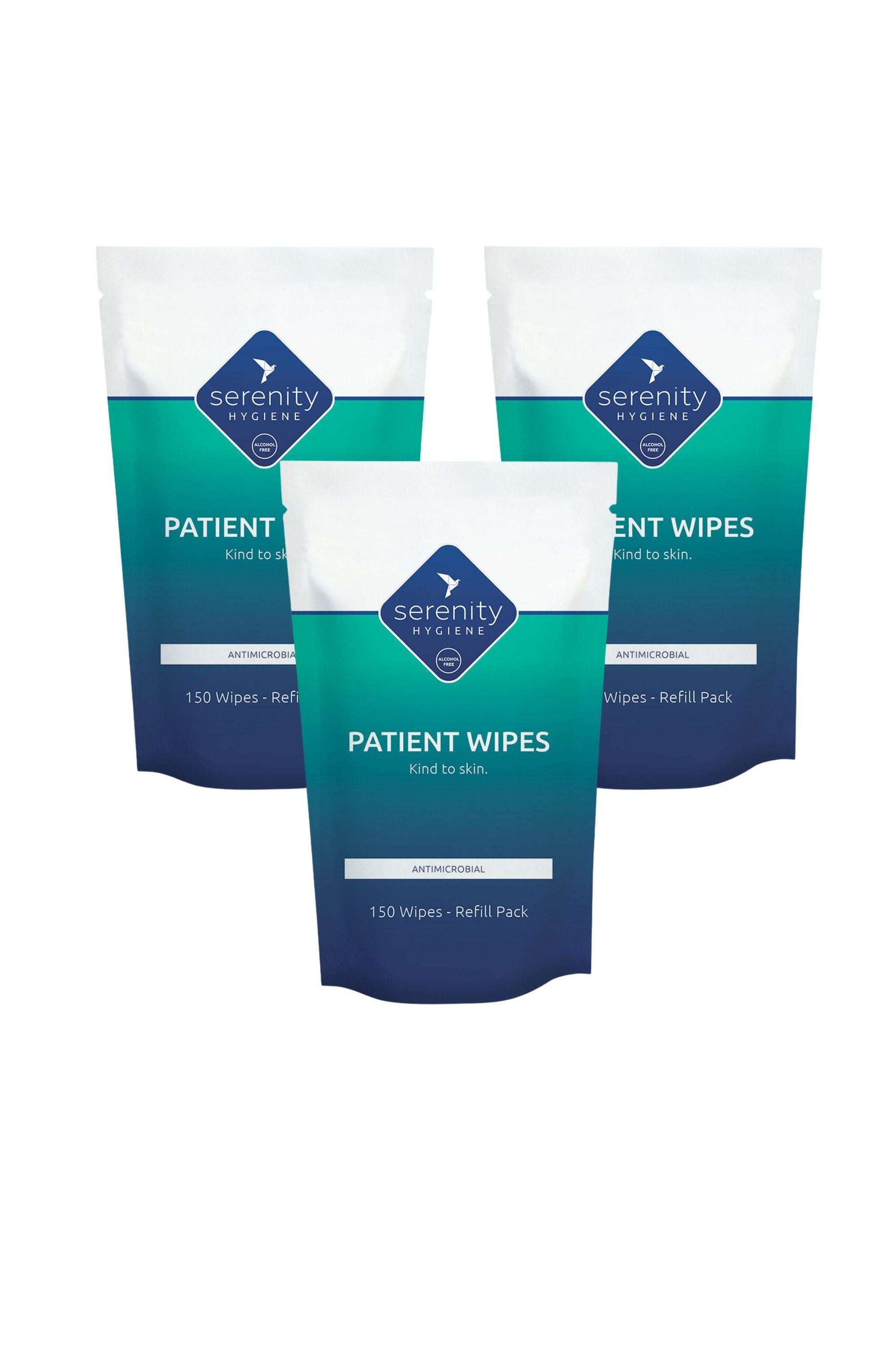 Serenity Hygiene Antimicrobial Patient Wipes, 150 count, refill pack, skin-safe and germ-effective.