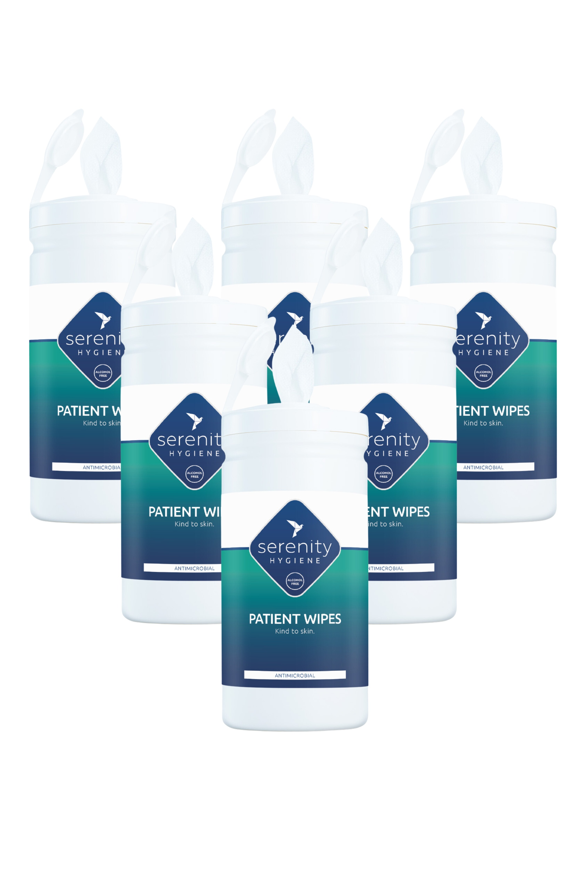 Antimicrobial patient wipes by Serenity Hygiene, UK-made, skin-safe, effective against germs, 150 count.