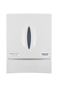 Manual foaming wall dispenser for soap and sanitiser.