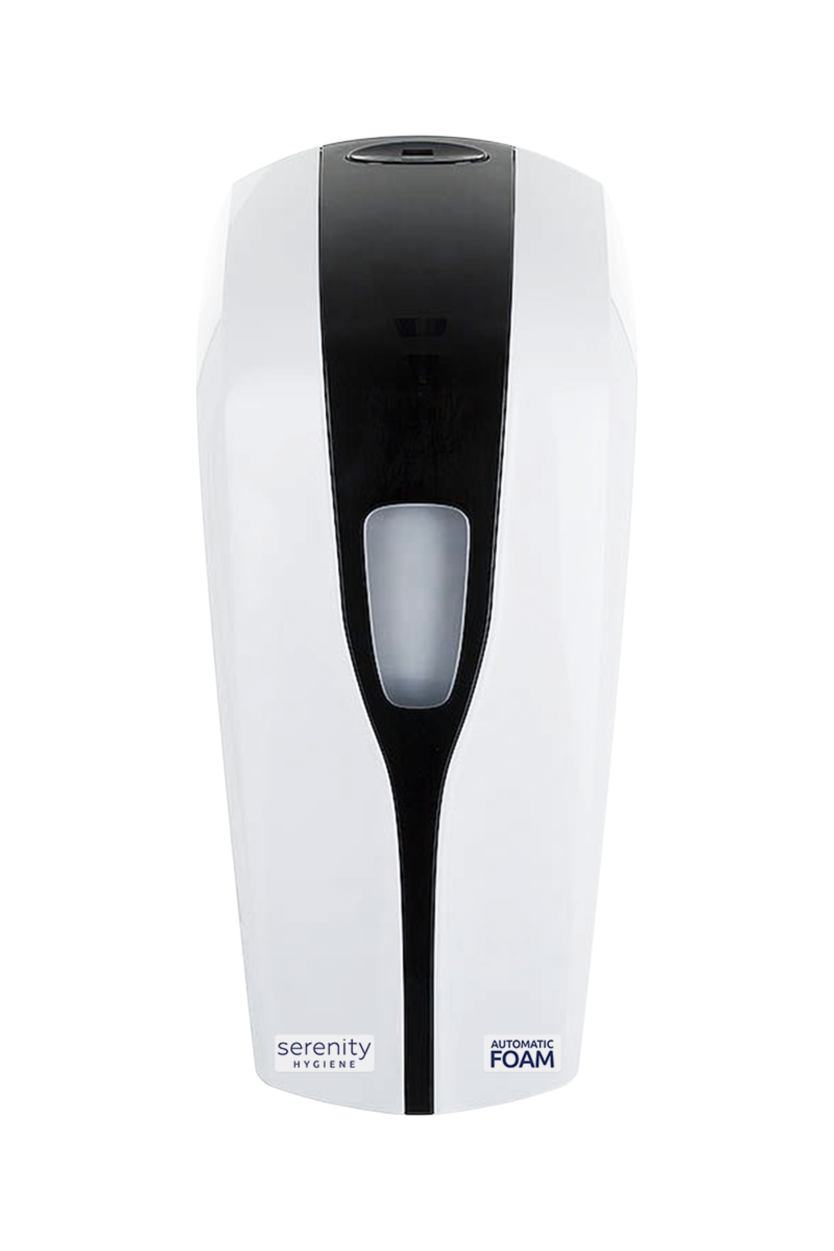 Manual foaming wall dispenser for soap and sanitiser, white and black design.