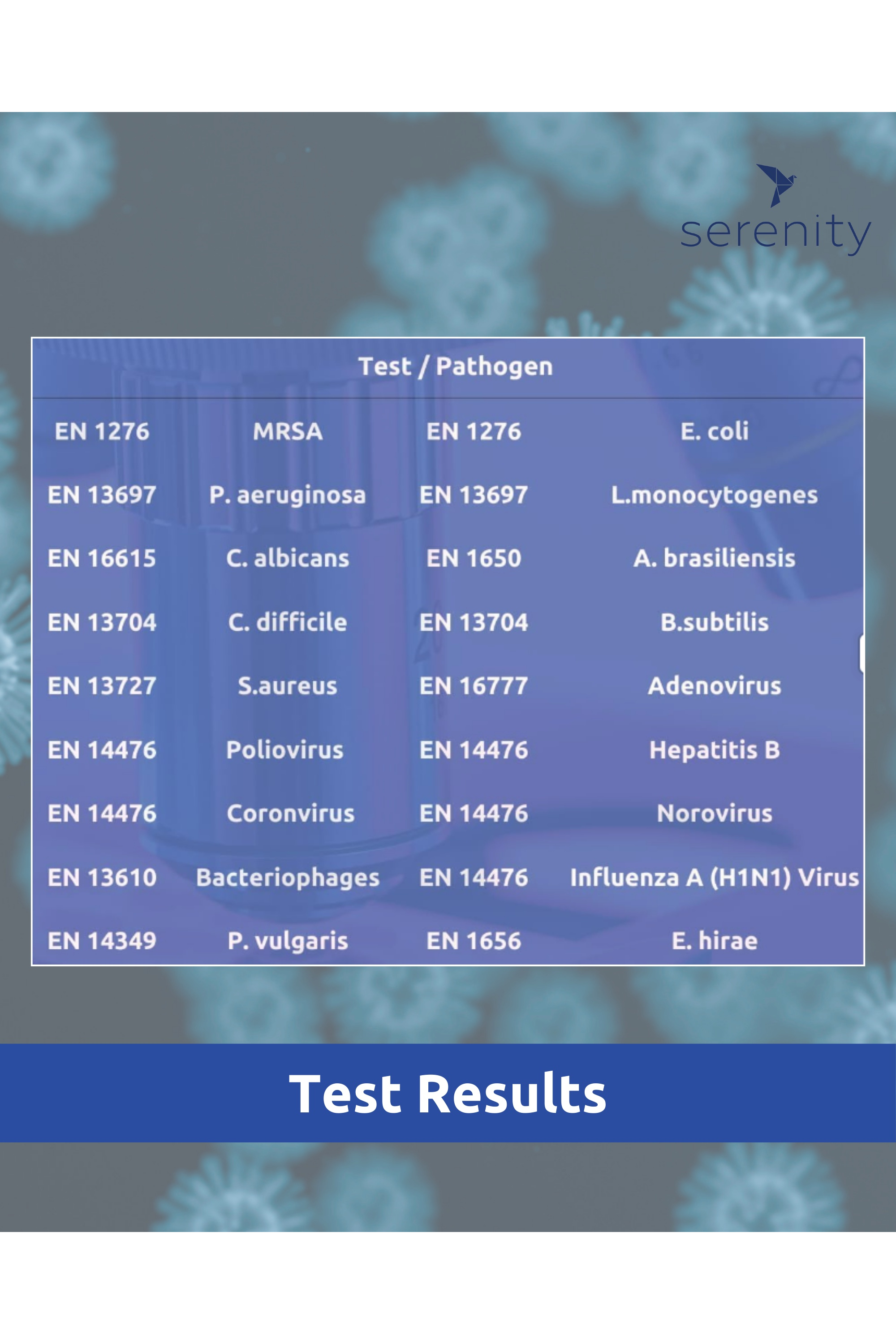 Antibacterial Surface Sanitiser Concentrate test results on pathogens display