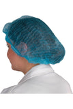 Blue disposable mop cap hair net, twin banded, elasticated, worn on head.